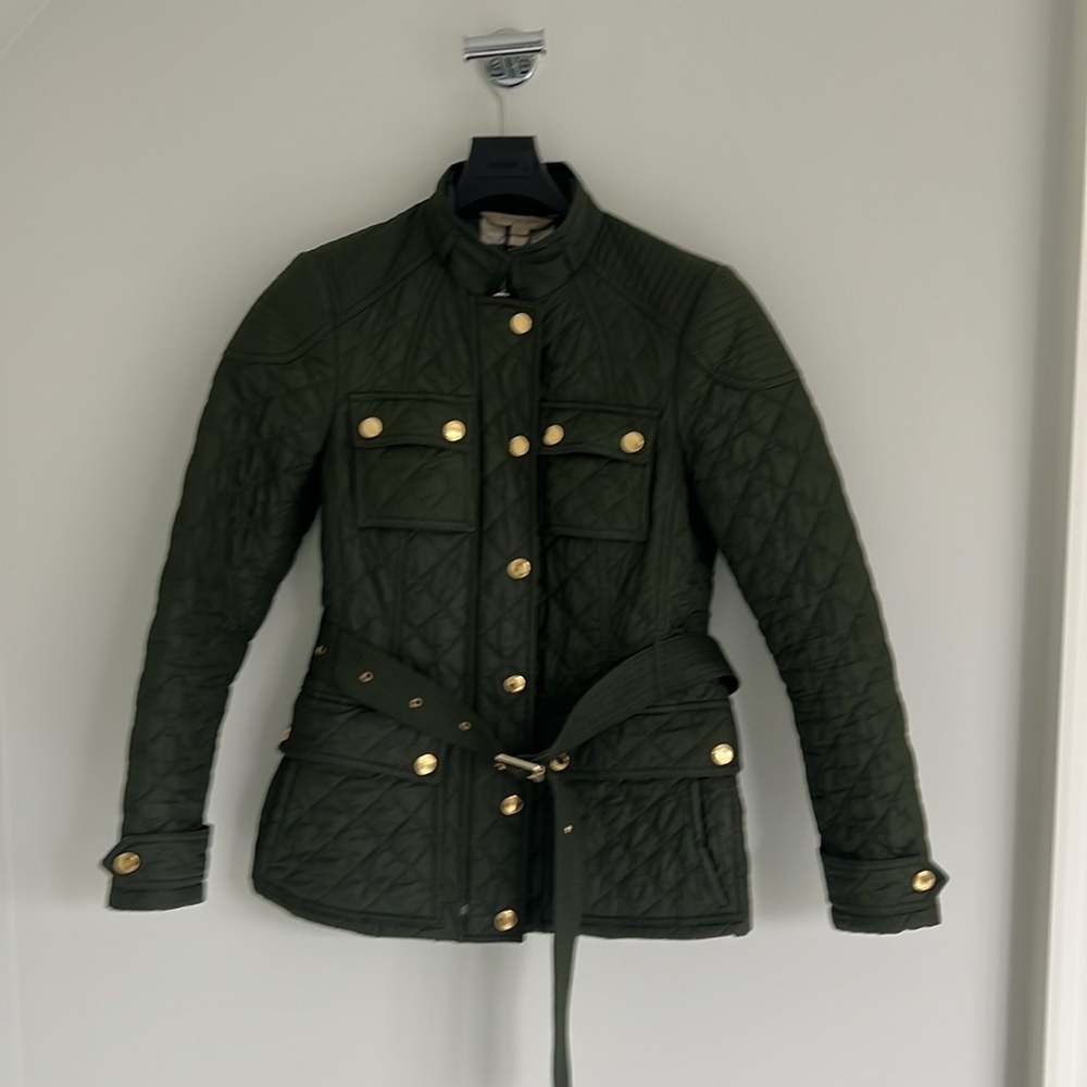 Burberry Quilted Belted Jacket in Dark Green with Gold Buttons
